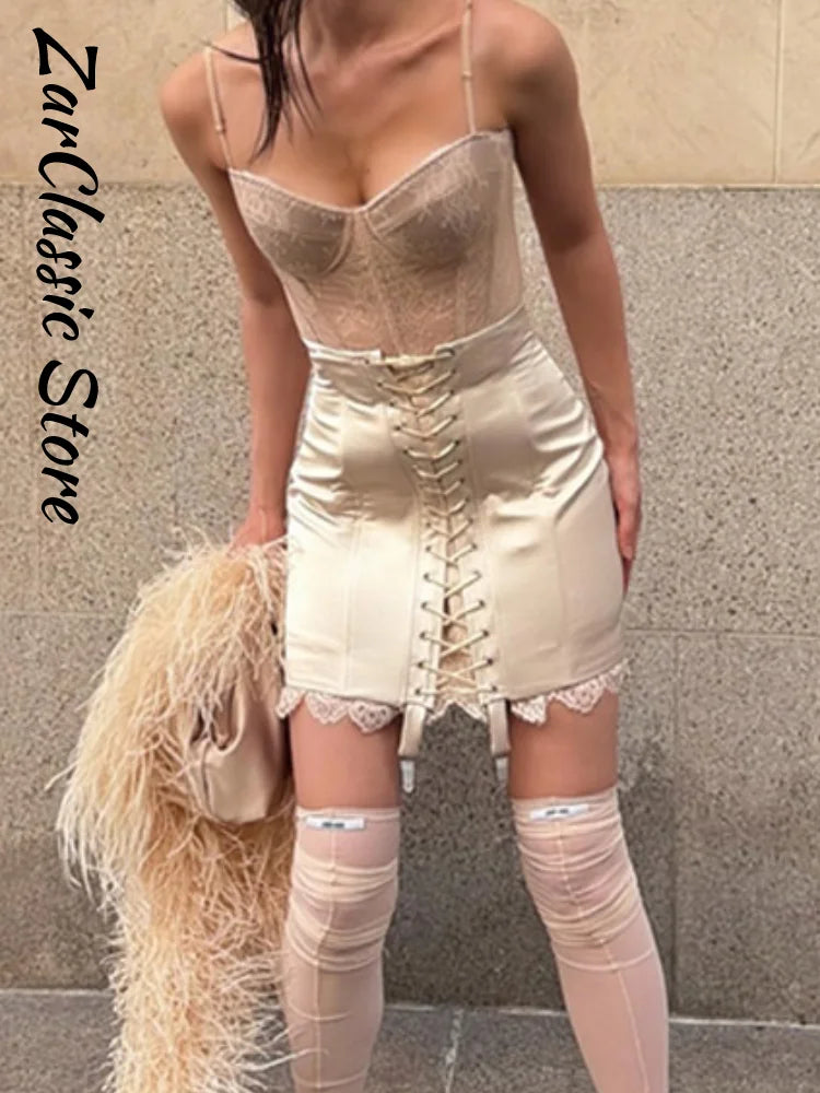 Vintage-Inspired Satin & Lace Mini Skirt