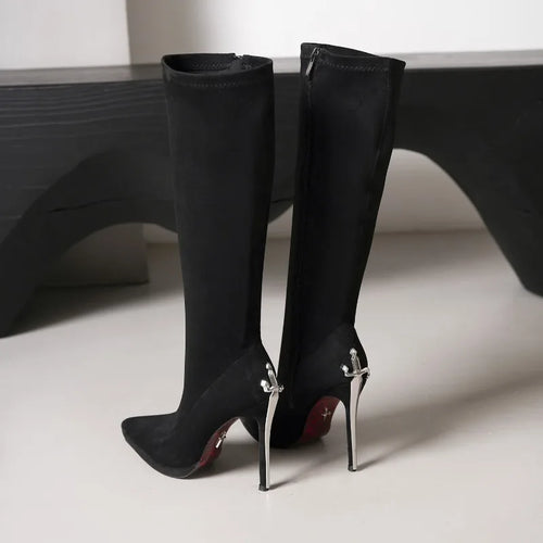 Knee-high stiletto boots with metal-look heels
