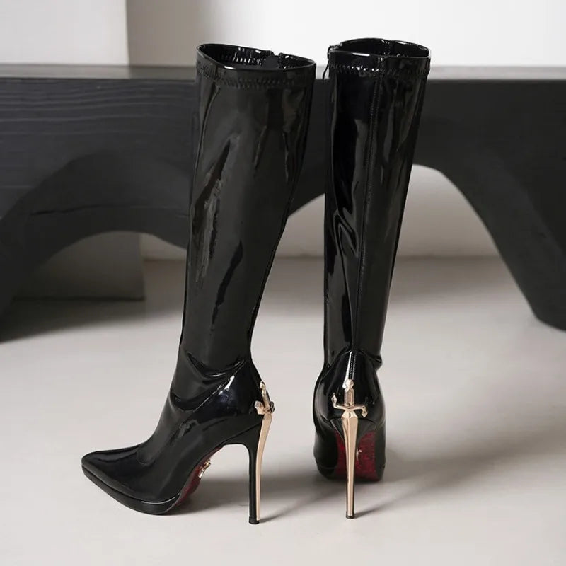 Knee-high stiletto boots with metal-look heels