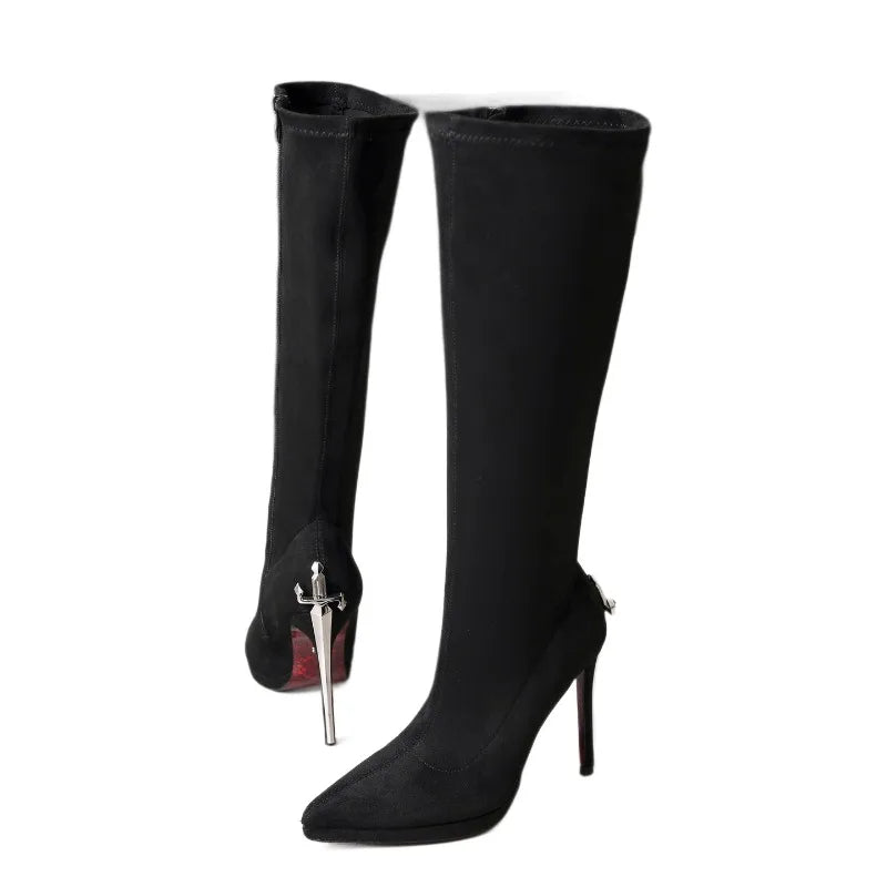 Knee-high stiletto boots with metal-look heels