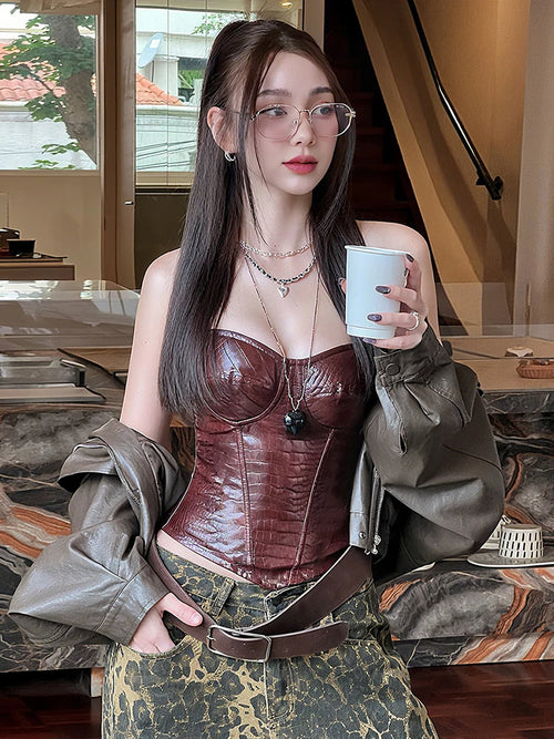 Vintage-Inspired Leather-Look Bandeau Top