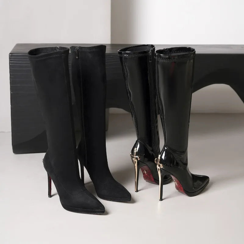 Knee-high stiletto boots with metal-look heels